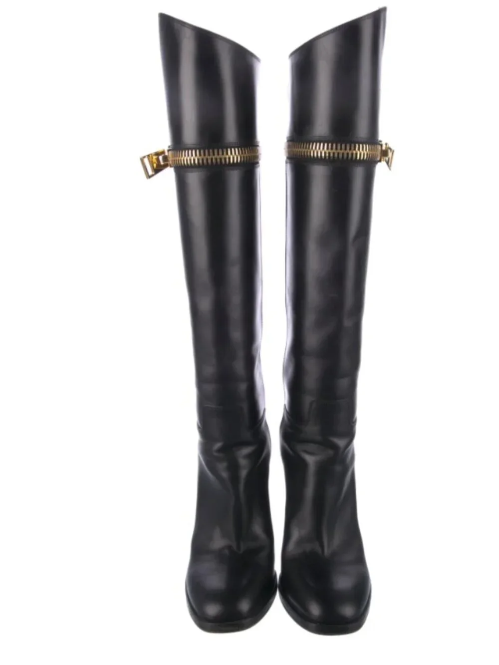 Tom Ford Knee High Boots Women Size 8.5 Black Gold Zipper Leather Statement Bold
